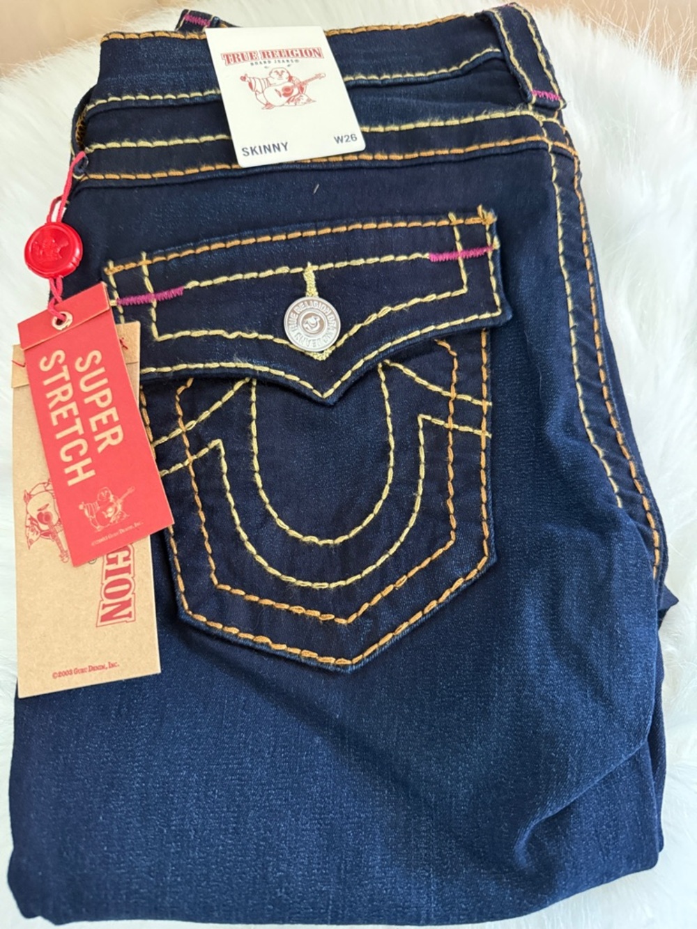 True Religion Stella Women's Skinny Jeans in Dark Indigo Yellow & Pink Stitching
